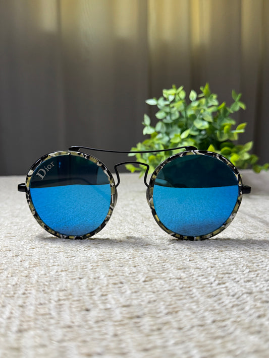 Dior Round Blue Mirror Sunglasses with Tortoiseshell Frame